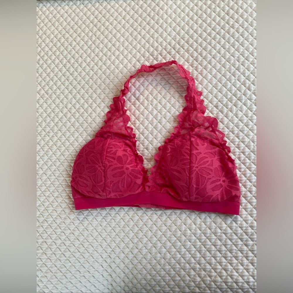 Arizona Body Lace Halter Bralette Padded Floral Bright Pink Size Large